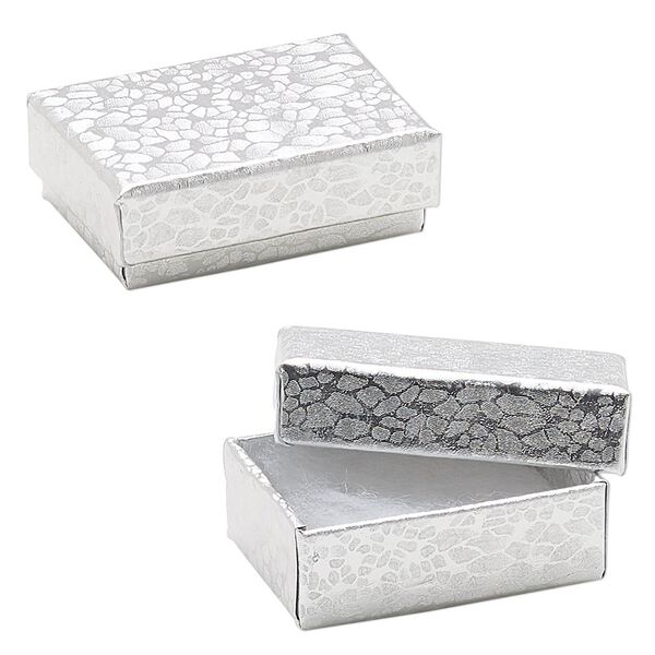 Box, paper, "cotton"-filled, silver, 1-7/8 x 1-1/4 x 5/8 inch rectangle. Sold per pkg of 10. image number 0