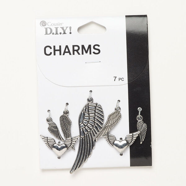 Charm assortment, antique silver-finished "pewter" (zinc-based alloy), 15x6mm-46x16mm single wings and 24x13mm heart with double wings. Sold per pkg of 7. image number 0