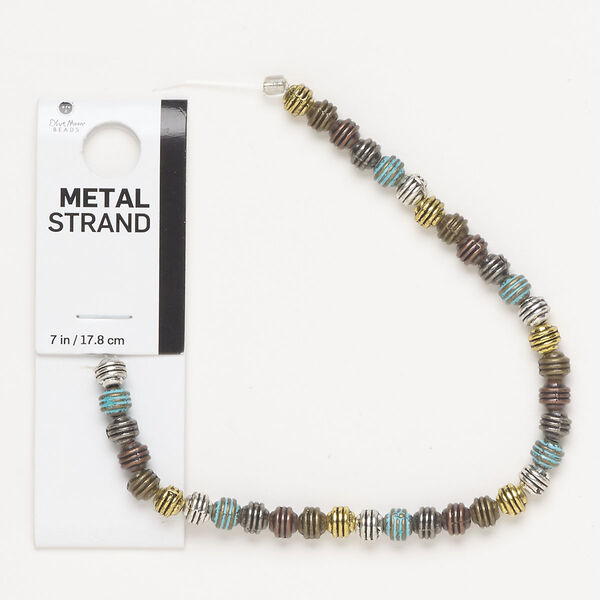 Bead, silver- / gold- / antique brass-finished brass, blue patina, 5mm-6x5mm rondelle. Sold per 7-inch strand, approximately 35 beads. image number 0