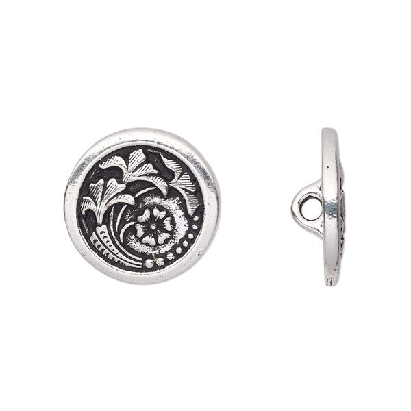 Button, TierraCast®, antique silver-plated pewter (tin-based alloy), 17mm flat round with Czech flower and closed loop. Sold per pkg of 2. image number 0