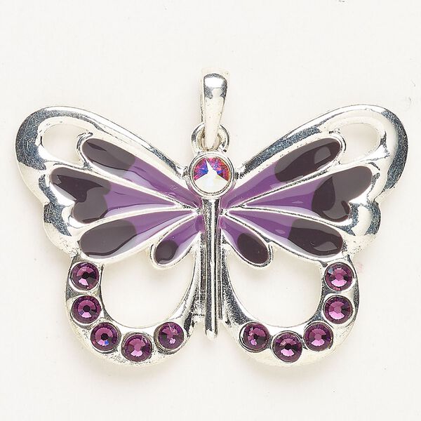 Pendant "pewter" zinc-based alloy enamel glass 1pk 42x28mm butterfly, silver finish multicolored image number 0