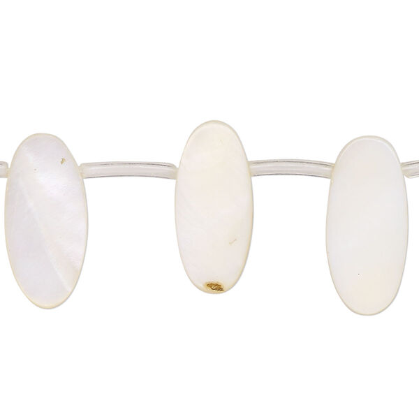Bead, mother-of-pearl shell (bleached), white, 18x6mm-19x9mm top-drilled flat oval, Mohs hardness 3-1/2. Sold per 15-inch strand, approximately 20 beads. image number 0