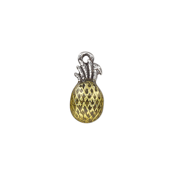 Charm, epoxy and antique silver-plated pewter (tin-based alloy), golden, 15.5x8mm single-sided pineapple. Sold per pkg of 2. image number 0