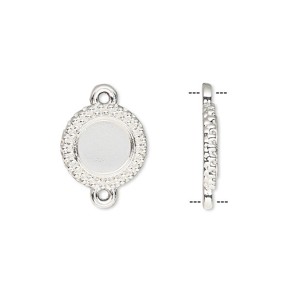 Link, silver-finished brass, 13mm single-sided beaded round with 8mm round setting. Sold per pkg of 10. image number 0