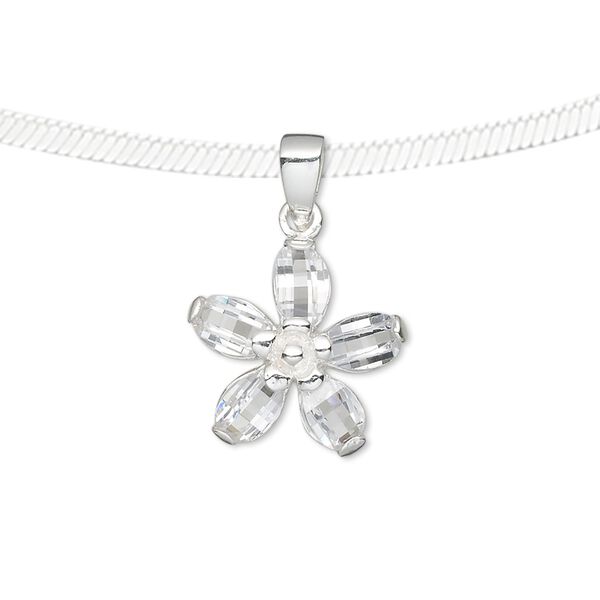 Pendant, sterling silver and cubic zirconia, clear, 16x16mm flower. Sold individually. image number 0