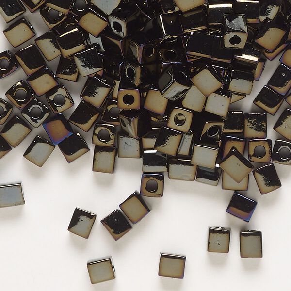 Seed bead, Miyuki, glass, pkg/25g, 3.5-3.7mm square, opaque metallic iris black (SB-458). image number 0