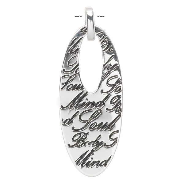 Pendant, enamel and sterling silver, black, 44x19mm oval with "Mind Soul Body." Sold individually. image number 0