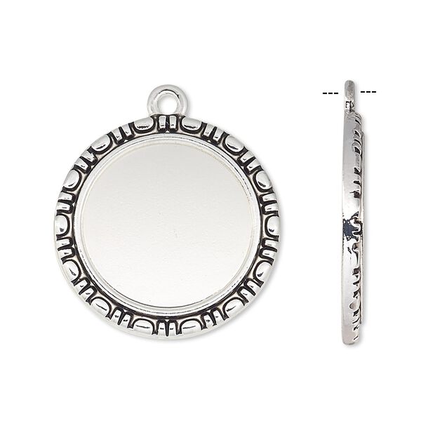 Drop, antique silver-finished "pewter" (zinc-based alloy), 24mm round with rope edge and 18mm round setting. Sold per pkg of 6. image number 0