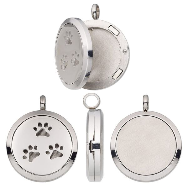 Pendant, stainless steel, 37x30mm single-sided hinged round locket with cutout paw prints and magnetic closure. Sold individually. image number 0