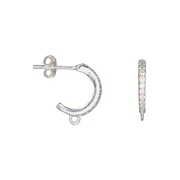 Earring hoop 1pkg2 sterling silver / cubic zirconia, 13mm half loop / closed loop / earnuts, 20 gauge clear 1 pair image number 0