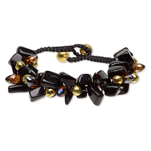Bracelet, glass / nylon / gold-finished steel / brass, brown AB / black / opaque black, 22mm wide with chip and bells, 7 inches with button clasp. Sold individually. image number 0