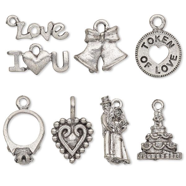 Charm set, antiqued pewter (tin-based alloy), 9x6mm-19.5x15mm wedding theme. Sold per 8-piece set. image number 0