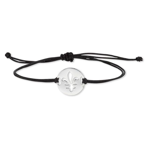 Bracelet, waxed cotton cord and sterling silver, black, 19mm round with cutout fleur-de-lis, adjustable from 6 to 9-1/2 inches with macramé knot closure. Sold individually. image number 0