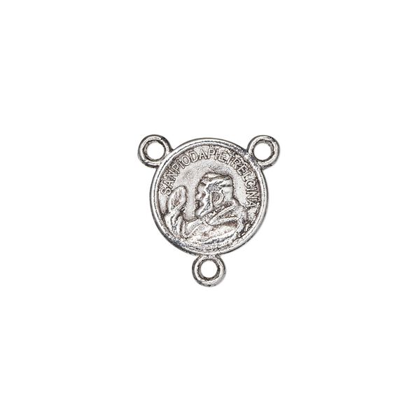 Connector, antique silver-plated "pewter" (zinc-based alloy), 13mm double-sided "The Miracles of San Padre Pio" rosary center round. Sold per pkg of 10. image number 0