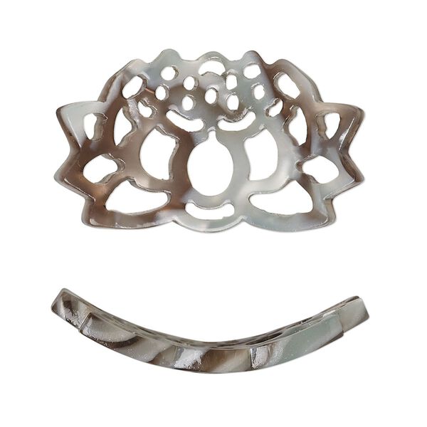 Focal, resin, grey and brown, 32x19mm curved lotus flower with cutouts. Sold per pkg of 4. image number 0