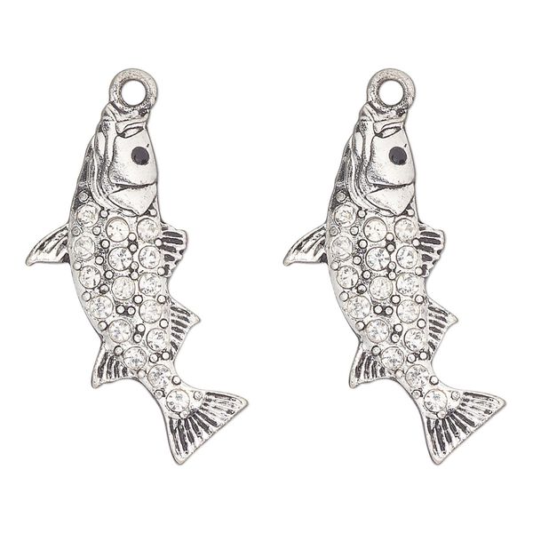 Focal, antique silver-finished "pewter" (zinc-based alloy) and glass, clear and black, 30x19mm single-sided fish. Sold per pkg of 2. image number 0