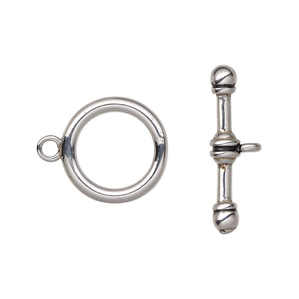 Clasp, toggle, enamel and stainless steel, black, 16mm round. Sold per pkg of 10. image number 0