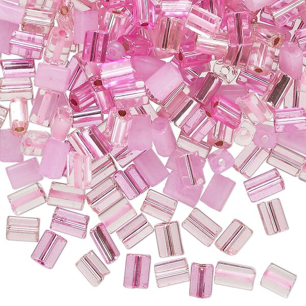 Bead mix, glass, translucent and transparent multi-pink, 5x3.5mm flat rectangle. Sold per 24-gram pkg, approximately 300 beads. image number 0