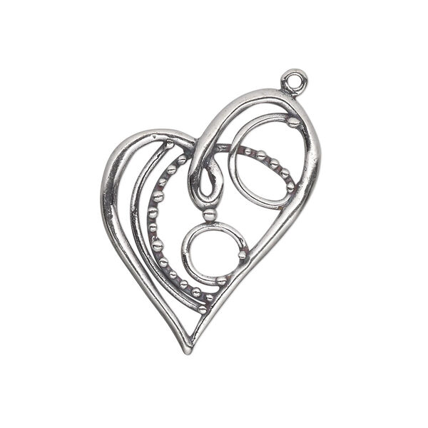 Charm, antiqued sterling silver, 28x20mm single-sided fancy open heart. Sold individually. image number 0