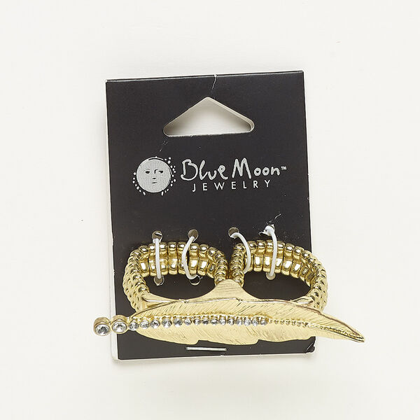 Ring, stretch, acrylic and gold-finished "pewter" (zinc-based alloy), clear, 13mm wide double-band with 59x13mm feather, size 6-8. Sold individually. image number 0