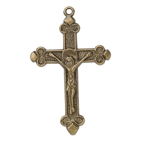 Focal, antique brass-plated "pewter" (zinc-based alloy), 35x24mm double-sided crucifix. Sold per pkg of 10. image number 0
