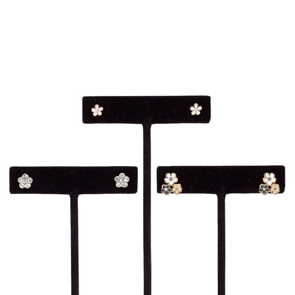 Earring, enamel / glass rhinestone / stainless steel / rose gold-finished steel / "pewter" (zinc-based alloy), assorted colors, 6x6mm flower / 7x7mm flower / 12x10mm triple flower with post. Sold per pkg of 3 pairs. image number 0
