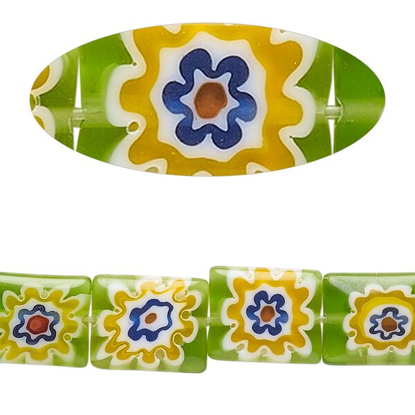 Bead, millefiori glass, translucent green and multicolored, 11x9mm-12x10mm  puffed rectangle. Sold per 14-inch strand. image number 0