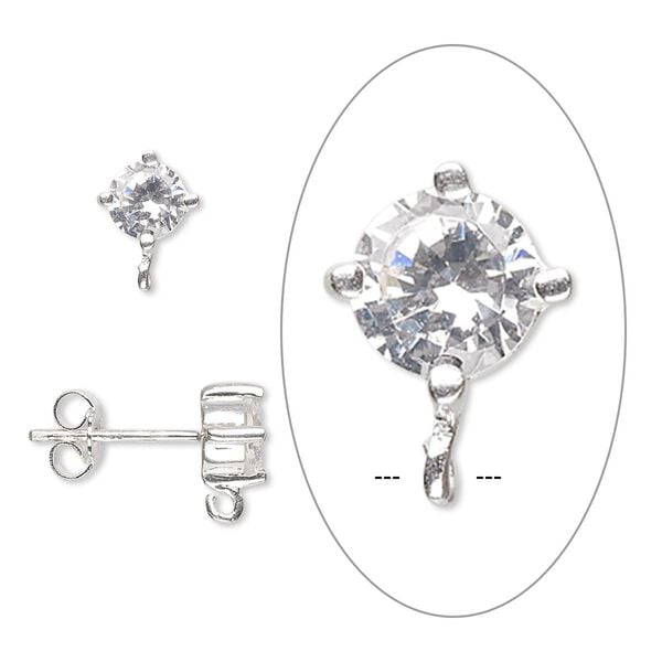 Earstud 1pkg2 sterling silver / cubic zirconia, 9x6mm / 5mm faceted round / closed loop, clear 1 pair image number 0