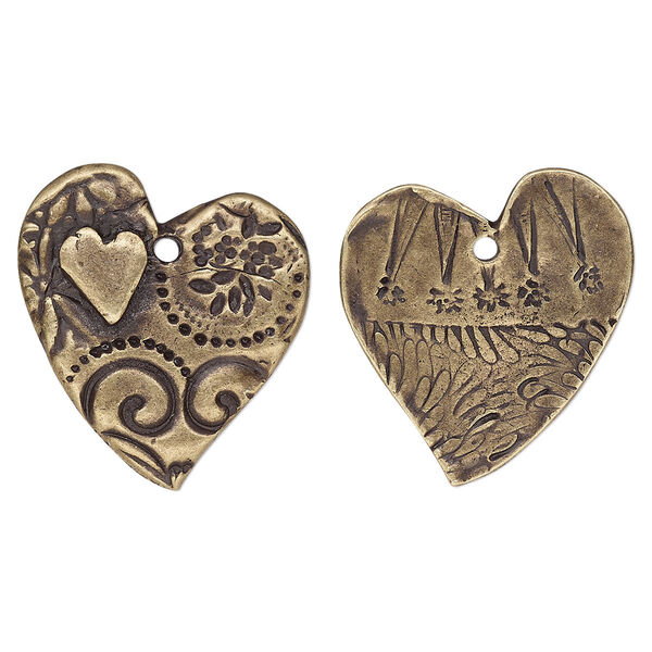 Charm, TierraCast®, "Vida Mas Dulce" collection, antique brass-plated pewter (tin-based alloy), 24x23mm two-sided heart with amor design. Sold per pkg of 10. image number 0