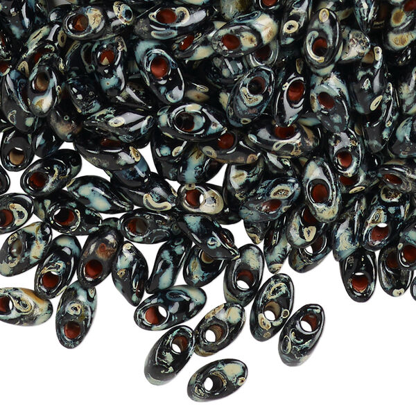 Seed bead, Miyuki, glass, pkg/50g, 7x4mm long magatama, opaque Picasso black, (LMA-4511). image number 0