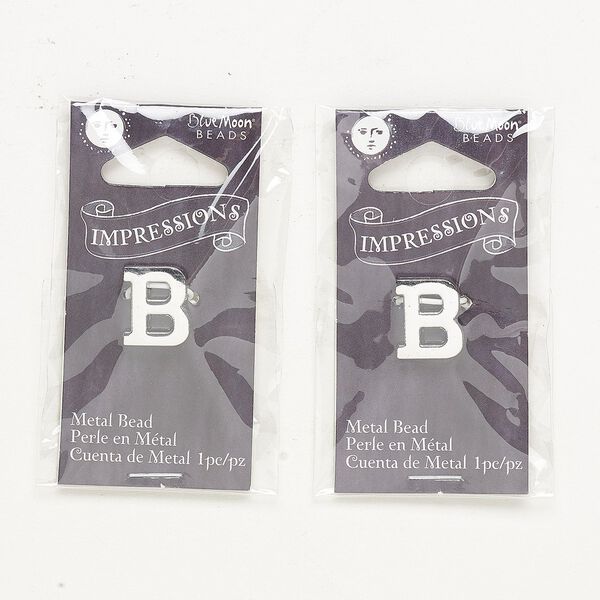 Bead, silver-finished "pewter" (zinc-based alloy), 13x11mm top-drilled alphabet letter "B" with 2mm hole. Sold per pkg of 2. image number 0