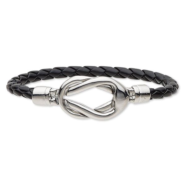 Bracelet, faux leather and imitation rhodium-plated "pewter" (zinc-based alloy), black, 5mm wide braided design, 6-1/2 inches with reef knot magnetic clasp. Sold individually. image number 0