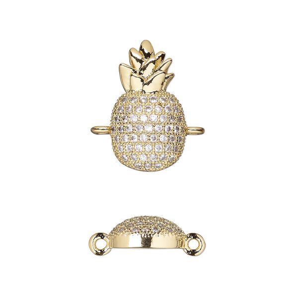 Link, cubic zirconia and gold-finished brass, clear, 16.5x9mm single-sided pineapple. Sold individually. image number 0