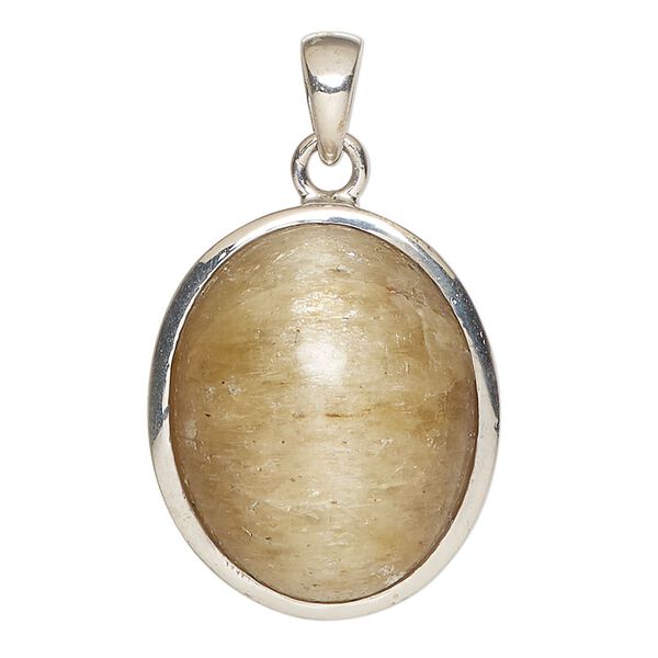 Pendant, lemon calcite (coated) and sterling silver, 28x23mm-29x24mm oval. Sold individually. image number 0