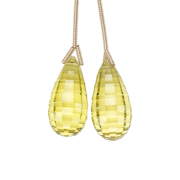 Lemon quartz 1pkg2, hand-cut top-drilled checkerboard faceted briolette bead 20x10mm image number 0