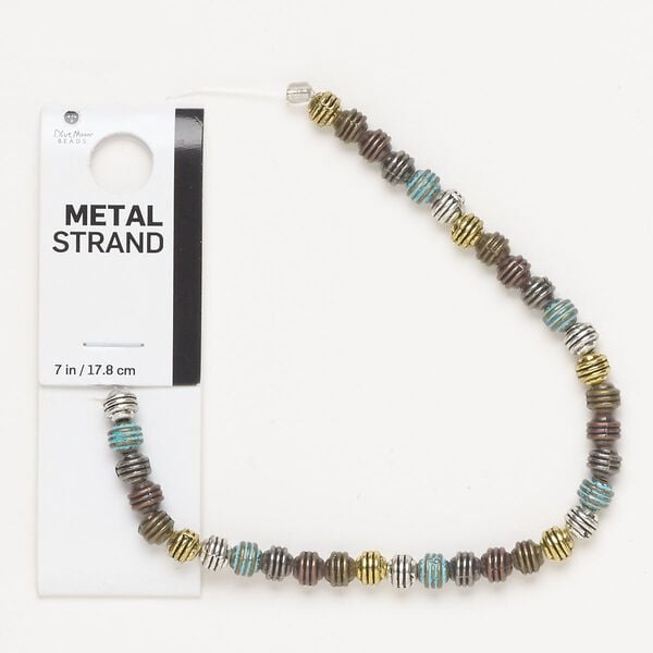 Bead, silver- / gold- / antique brass-finished brass, blue patina, 5mm-6x5mm rondelle. Sold per 7-inch strand, approximately 35 beads. image number 0
