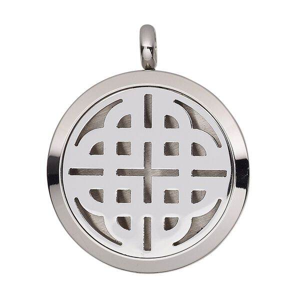 Pendant, stainless steel, 37x30mm single-sided hinged round locket with cutout Celtic knot and magnetic closure. Sold individually. image number 0