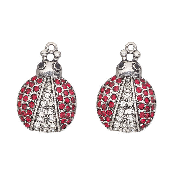 Charm, antique silver-finished "pewter" (zinc-based alloy) and glass, red, black and clear, 28x21mm single-sided ladybug. Sold per pkg of 2. image number 0