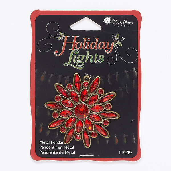 Focal, acrylic and antique brass-finished "pewter" (zinc-based alloy), red, 48x45mm flower. Sold individually. image number 0