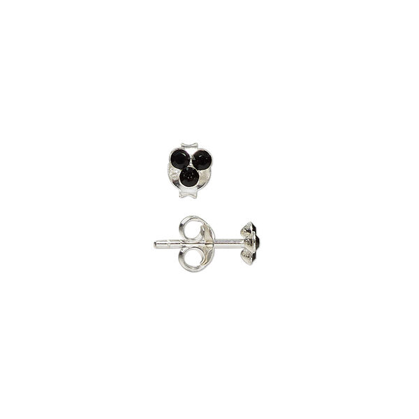 Ear stud, sterling silver and glass, jet, 4mm triangle. Sold per pair. image number 0