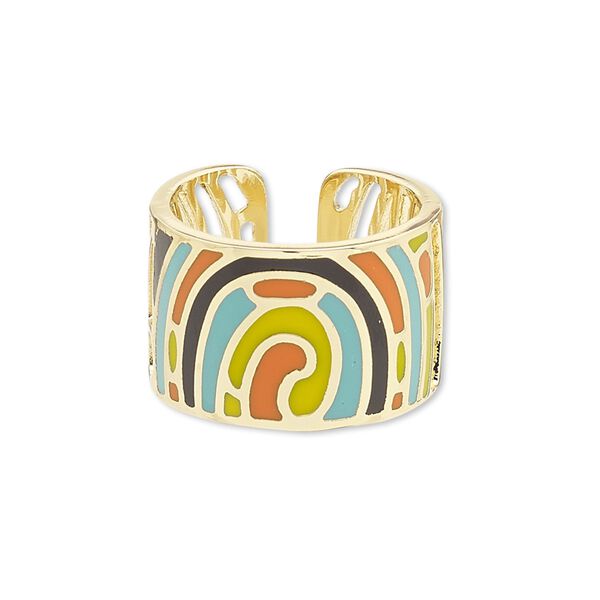 Ring, Avant-Garde Jewelry Collection, enamel and gold-plated brass, multicolored, 14mm wide with cutout and abstract design, adjustable. Sold individually. image number 0