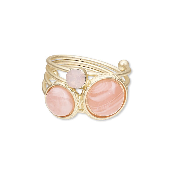 Ring, resin / glass rhinestone / gold-finished steel / "pewter" (zinc-based alloy), pink, 30mm wide with round, size 9. Sold individually. image number 0