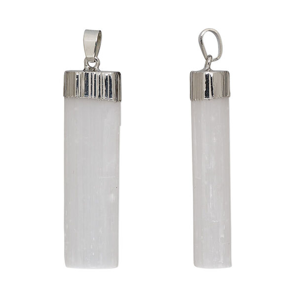 Selenite / steel / brass 1pkg1, imitation rhodium-finished hand-cut freeform point pendant / bail natural 50x15mm-55x20mm image number 0