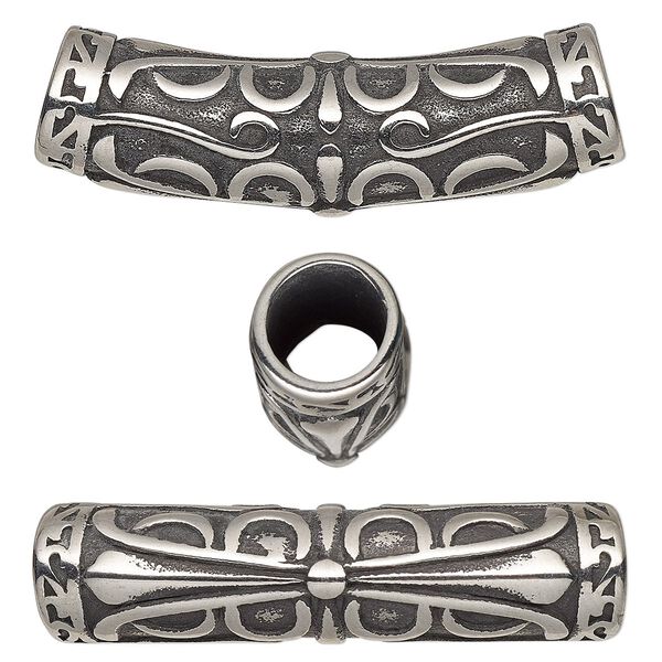 Bead, antiqued stainless steel, 35.5x12.5mm curved tube with filigree design. Sold individually. image number 0