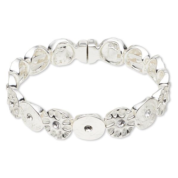 Bracelet, bangle, crystals and silver-plated "pewter" (zinc-based alloy), crystal clear, 12mm textured round, 6-1/2 inches with magnetic clasp. Sold individually. image number 0