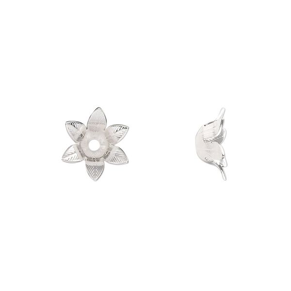Bead cap, silver-finished copper, 11x4.5mm flower, fits 4-6mm round bead. Sold per pkg of 20. image number 0
