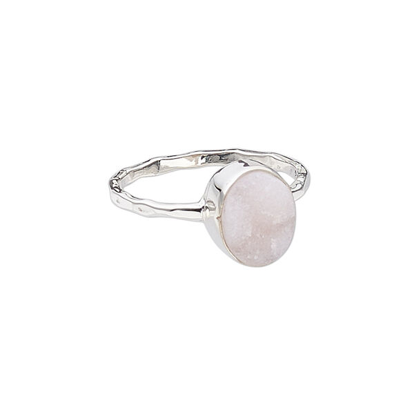 Ring, druzy (dyed) and sterling silver, pink, 11mm wide with oval, size 9. Sold individually. image number 0
