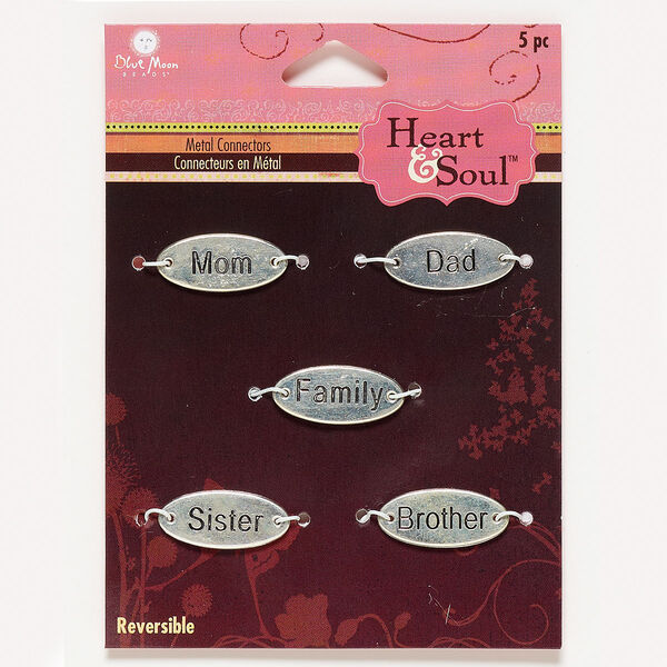 Link, antique silver-finished "pewter" (zinc-based alloy), 20x9mm double-sided oval with "Mom"/ "Dad"/"Sister"/ "Brother"/ "Family" and Chinese characters. Sold per pkg of 5. image number 0