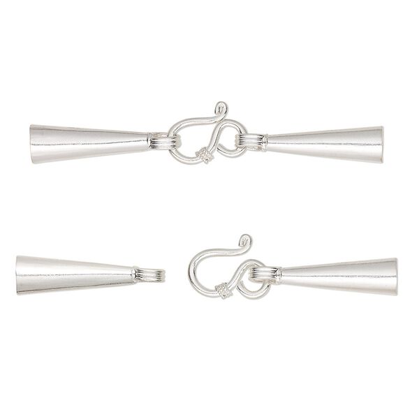 Clasp, Hill Tribes, hook-and-eye, sterling silver, 59x6mm with 2 glue-in cones, 5mm inside diameter. Sold individually. image number 0