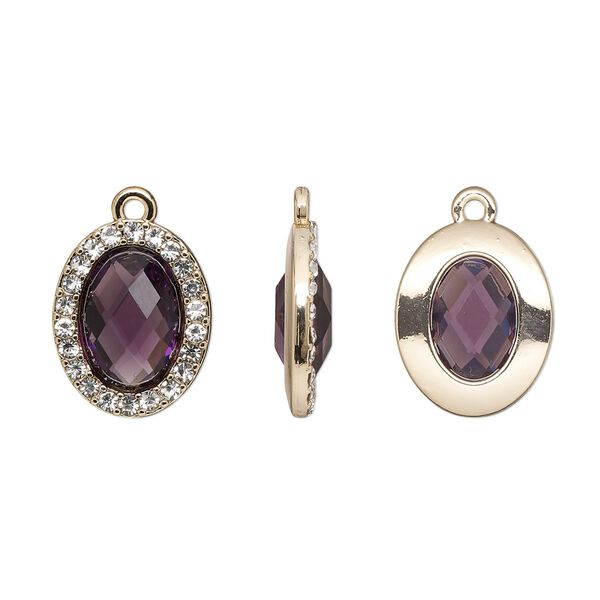 Drop, glass / glass rhinestone / gold-finished "pewter" (zinc-based alloy), clear and transparent amethyst purple, 19x15.5mm single-sided oval. Sold per pkg of 2. image number 0